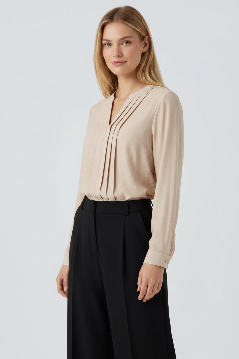 Women’s Loose Fit V-Neck Pleated Blouse – Long Sleeve Chic Casual & Office Top