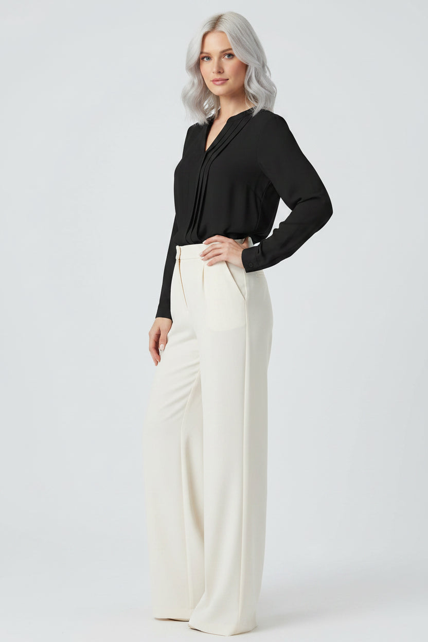 Women’s Loose Fit V-Neck Pleated Blouse – Long Sleeve Chic Casual & Office Top