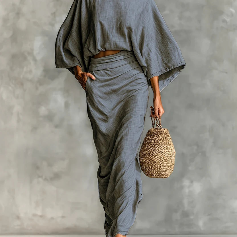 Women’s Two-Piece Skirt Set – Draped Sleeve Crop Top with Matching Flow Skirt Outfit