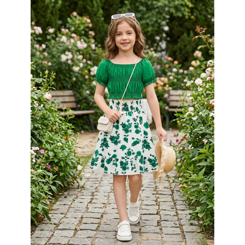 Girls Floral Skirt Outfit Set – Summer Puff Sleeve Top & Matching Casual Two Piece Fashion Set