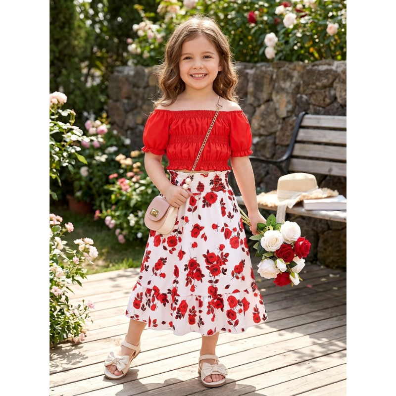 Girls Floral Skirt Outfit Set – Summer Puff Sleeve Top & Matching Casual Two Piece Fashion Set