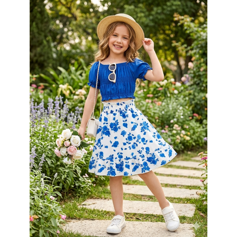 Girls Floral Skirt Outfit Set – Summer Puff Sleeve Top & Matching Casual Two Piece Fashion Set