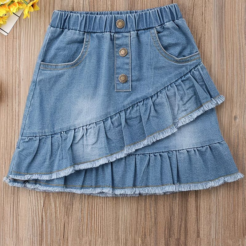Girls Ruffle Denim Skirt – Cute Asymmetrical Hem Elastic Waist Summer Jean Skirt for Casual Everyday Wear