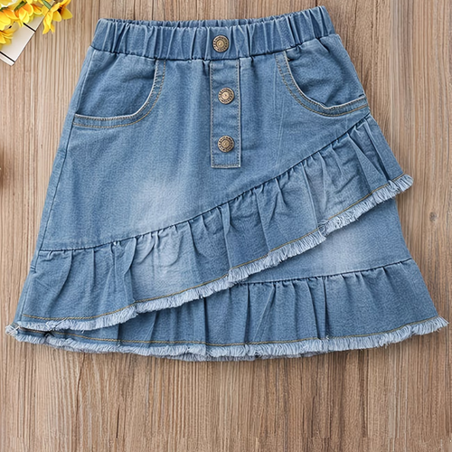 Girls Ruffle Denim Skirt – Cute Asymmetrical Hem Elastic Waist Summer Jean Skirt for Casual Everyday Wear