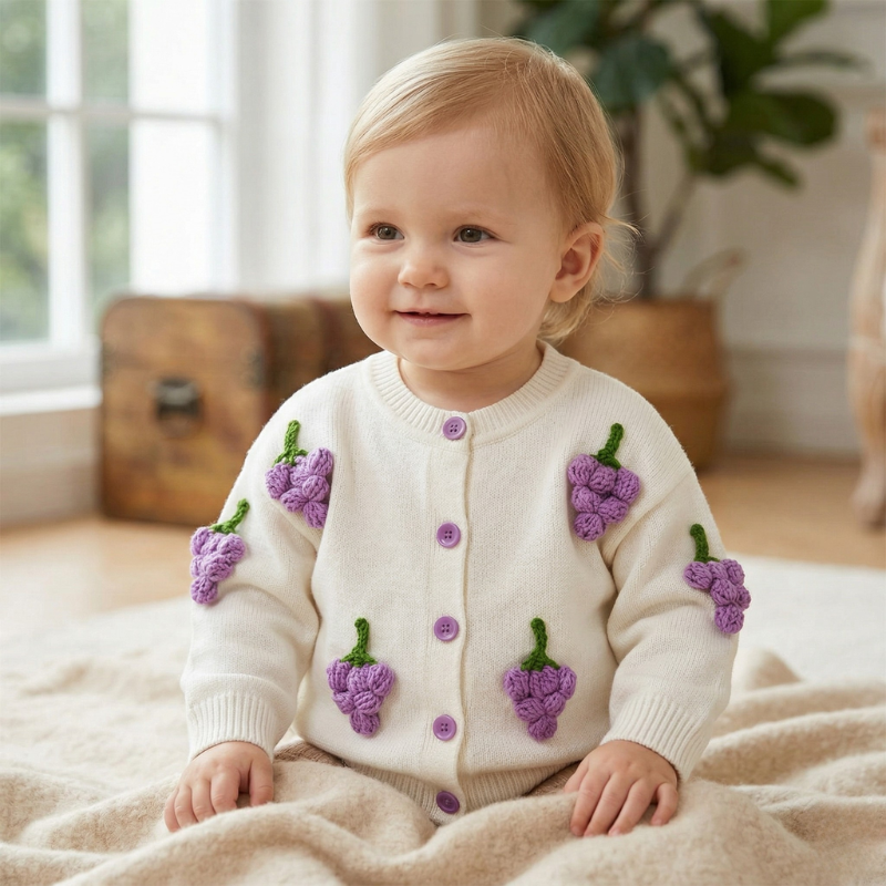 Handmade Baby Knit Cardigan – Adorable Grapes Pattern Sweater