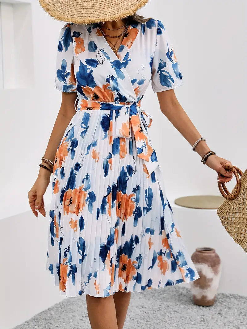 Women's Floral Print Belted Midi Dress – Elegant Pleated Hem Summer A-Line Dress