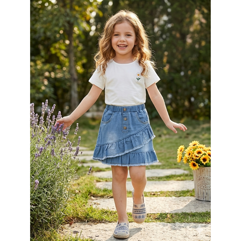 Girls Ruffle Denim Skirt – Cute Asymmetrical Hem Elastic Waist Summer Jean Skirt for Casual Everyday Wear