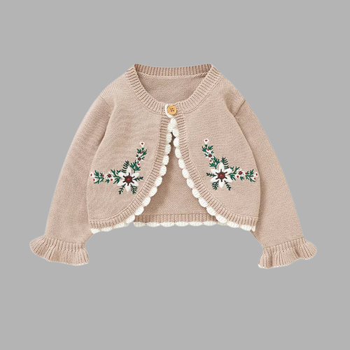 Adorable Baby Sweater Coat – Embroidered Floral Ruffle Knit