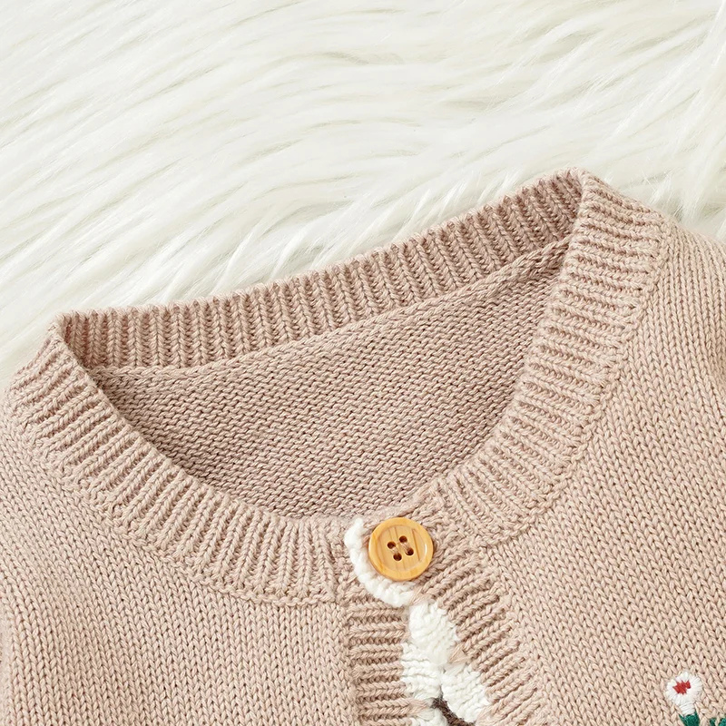 Adorable Baby Sweater Coat – Embroidered Floral Ruffle Knit