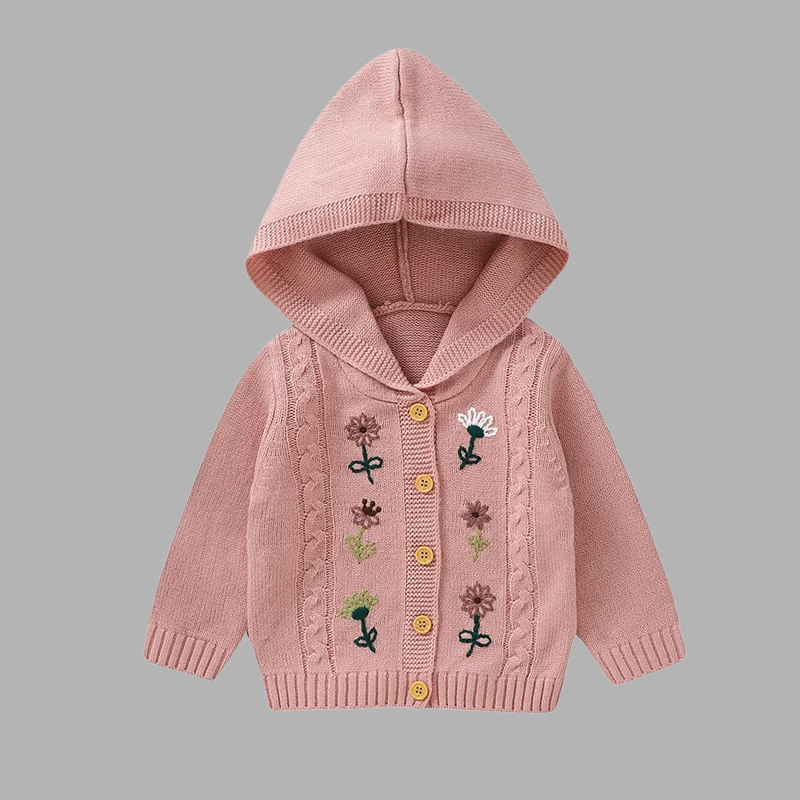Stylish Baby Girl Coat – Long Sleeve Embroidered Knit Jacket
