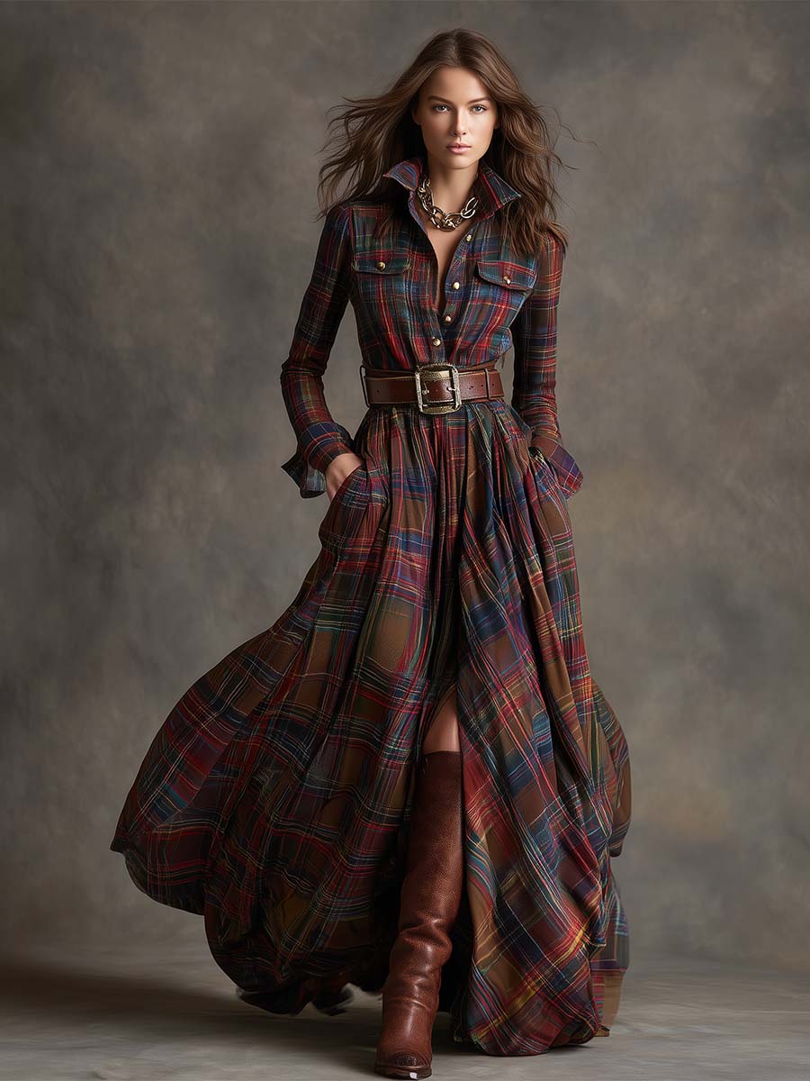 Anwen | Plaid-Pattern Lapel-Collar Belted Maxi Dress - Long-Sleeve Button-Front