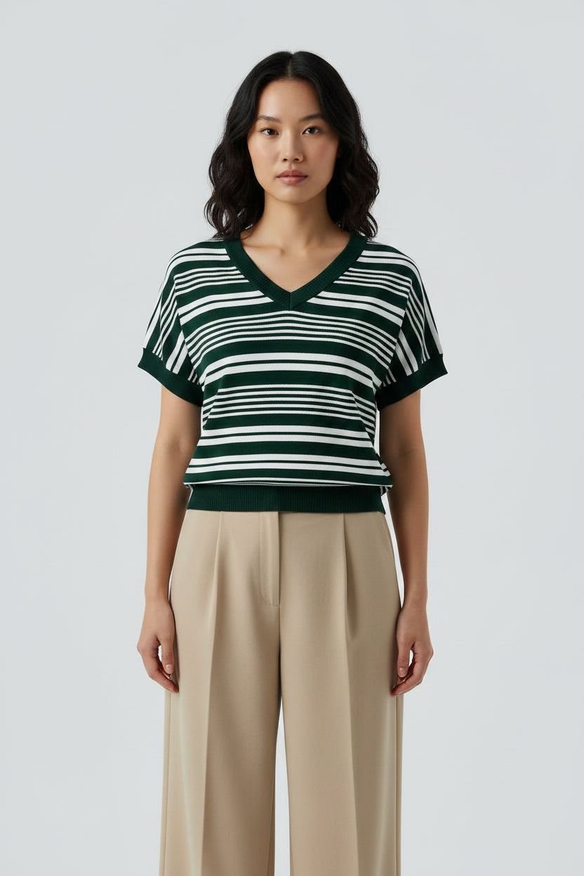 Women's Striped V-Neck Summer Tee – Relaxed Fit Lightweight Casual Daily Top