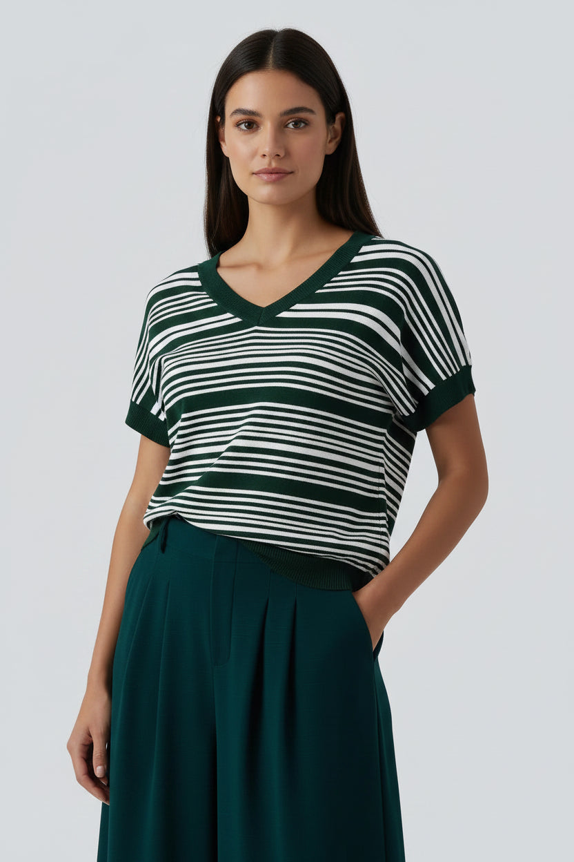 Women's Striped V-Neck Summer Tee – Relaxed Fit Lightweight Casual Daily Top