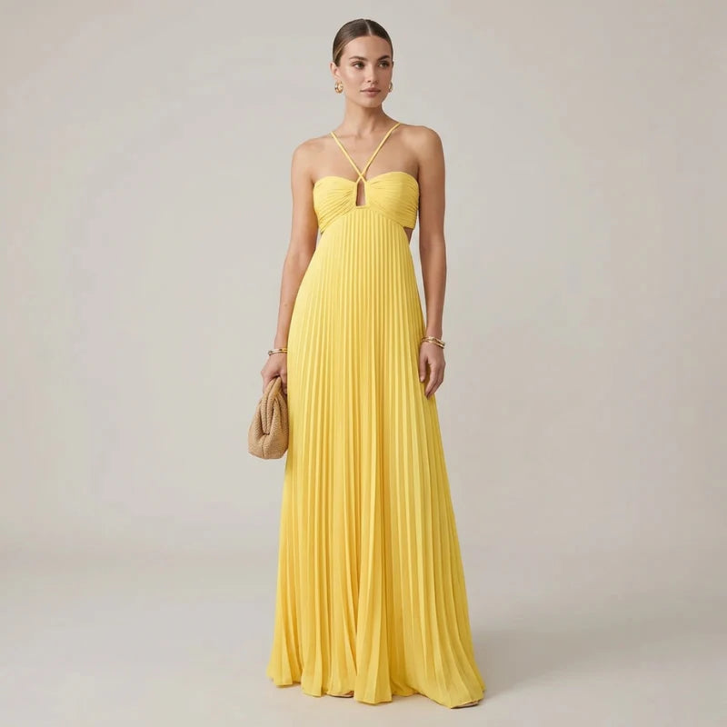 Women's Pleated Floor-Length Dress – Refined Formal Maxi Outfit for Wedding Guests