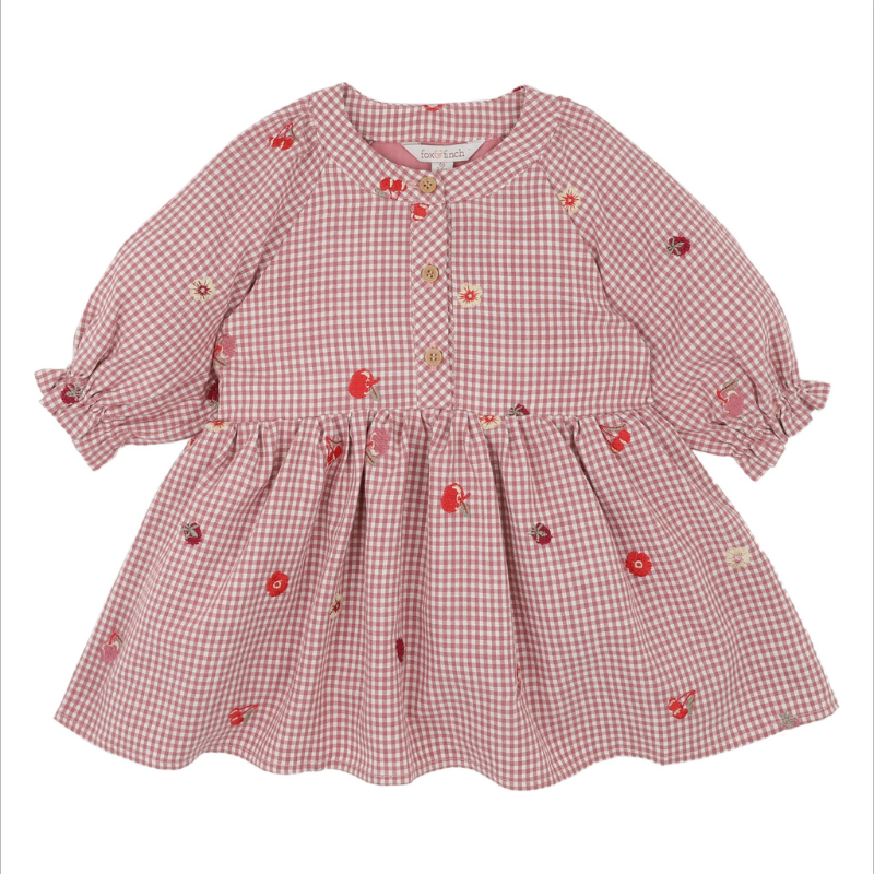 Dusty Rose Checkered Embroidered Midi Dress – Floral Detail Puff Sleeve Summer Dress