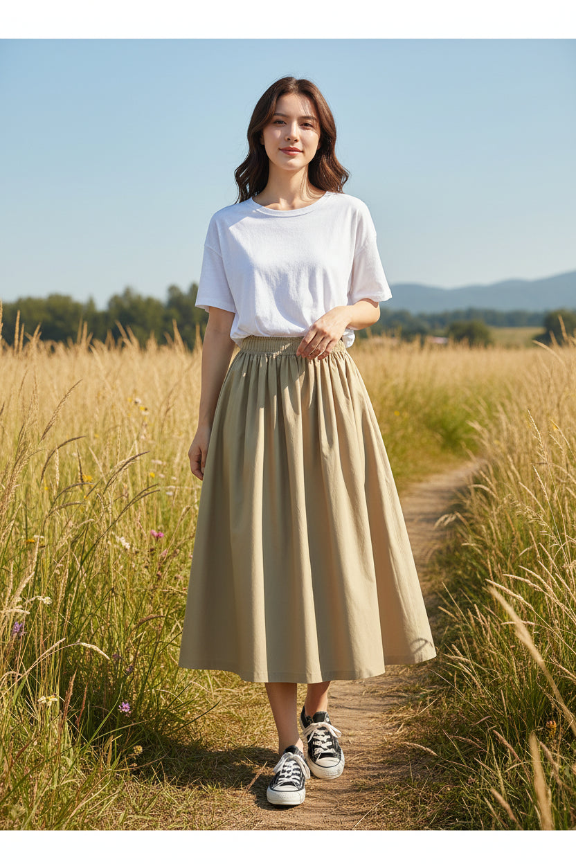 Women’s High-Rise A-Line Midi Skirt – Relaxed Draping Fit for Everyday Comfort