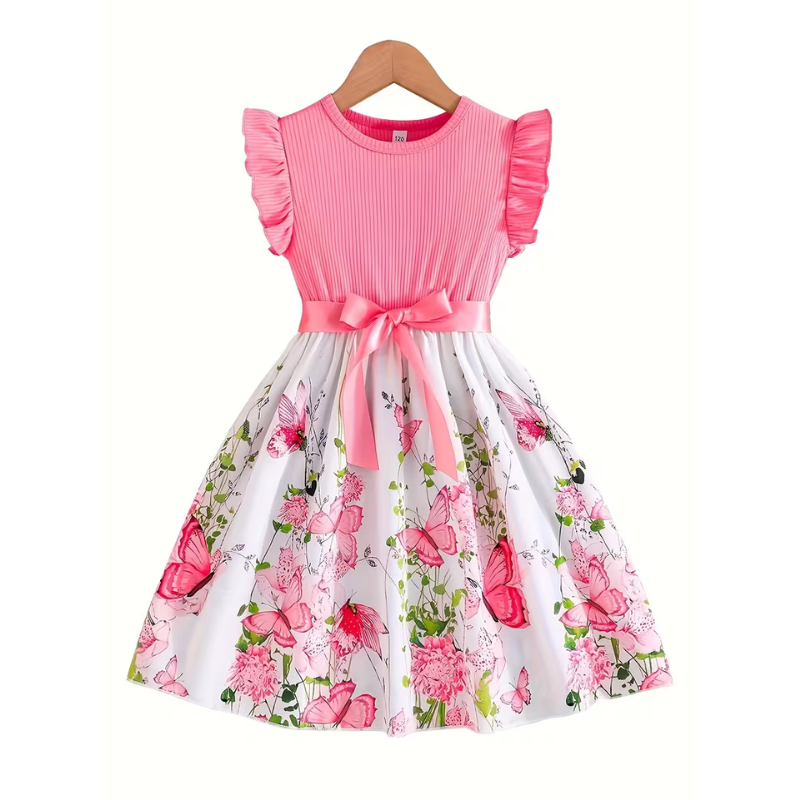 Girls Butterfly Patchwork Party Dress – Puff Sleeve Belted Princess Dress