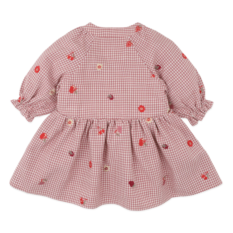 Dusty Rose Checkered Embroidered Midi Dress – Floral Detail Puff Sleeve Summer Dress