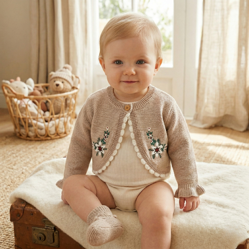 Adorable Baby Sweater Coat – Embroidered Floral Ruffle Knit