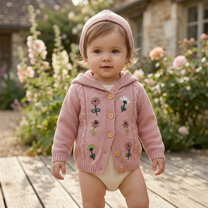 Stylish Baby Girl Coat – Long Sleeve Embroidered Knit Jacket