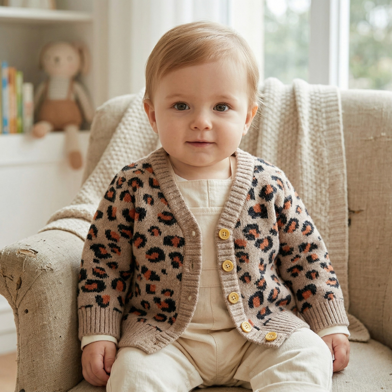 Trendy Baby Girl Leopard Print Cardigan – Cozy & Stylish Knit Sweater