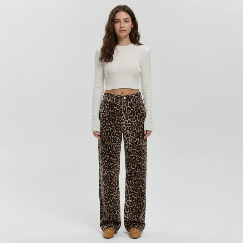 Women's Wild Print Straight-Leg Denim Pants – Trendy Animal Pattern Jeans