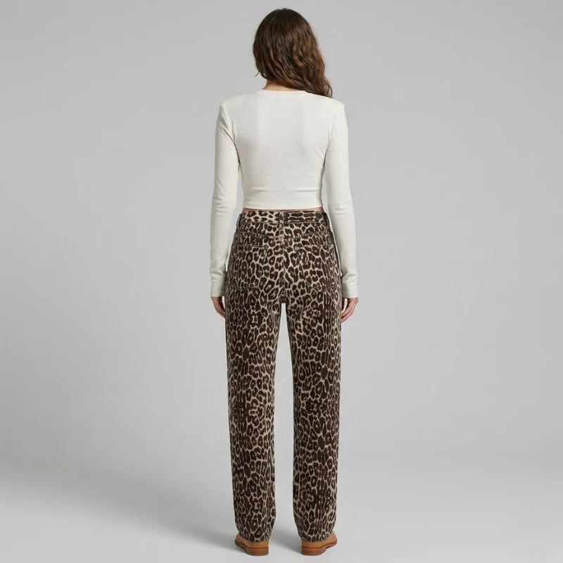 Women's Wild Print Straight-Leg Denim Pants – Trendy Animal Pattern Jeans