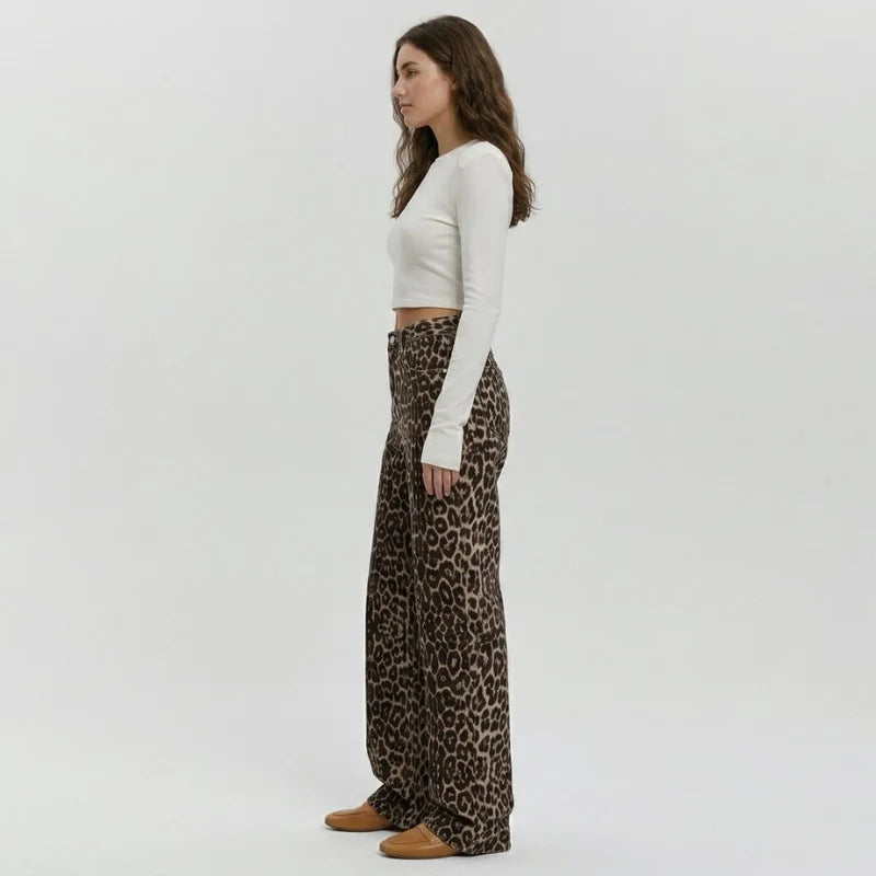 Women's Wild Print Straight-Leg Denim Pants – Trendy Animal Pattern Jeans