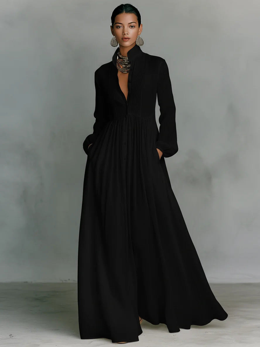 Bernadette | Pleated-Top Long-Sleeve Button-Front Maxi Dress - Elegant White Resort Wear