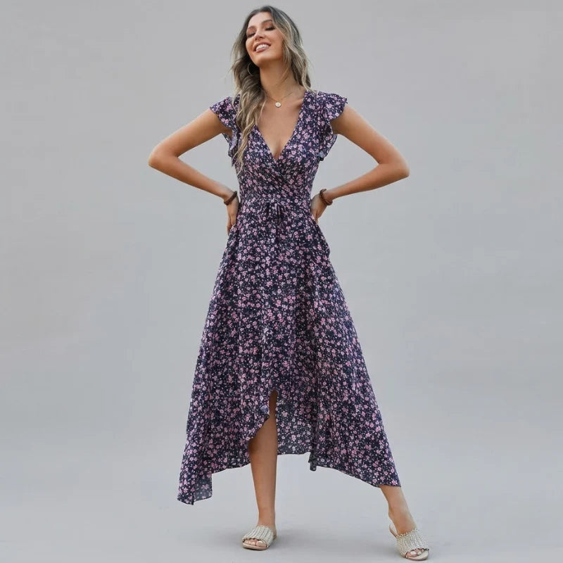 Women’s Floral V-Neck Summer Dress – Sleeveless Boho Maxi with Adjustable Waist Tie