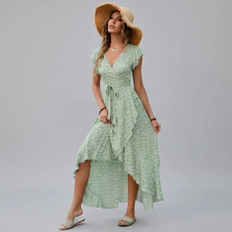 Women’s Floral V-Neck Summer Dress – Sleeveless Boho Maxi with Adjustable Waist Tie