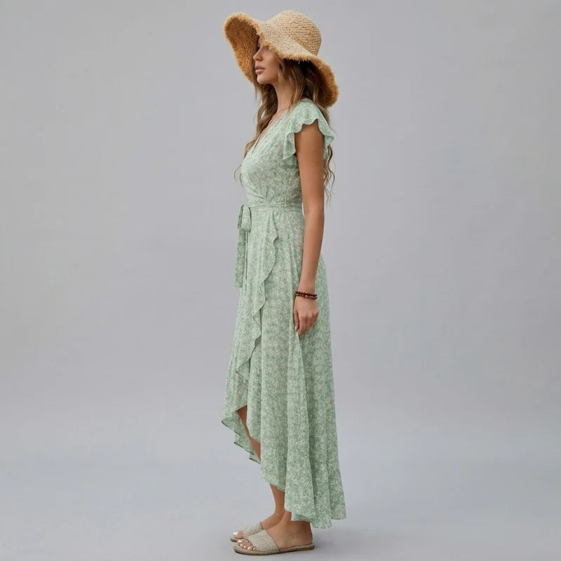 Women’s Floral V-Neck Summer Dress – Sleeveless Boho Maxi with Adjustable Waist Tie