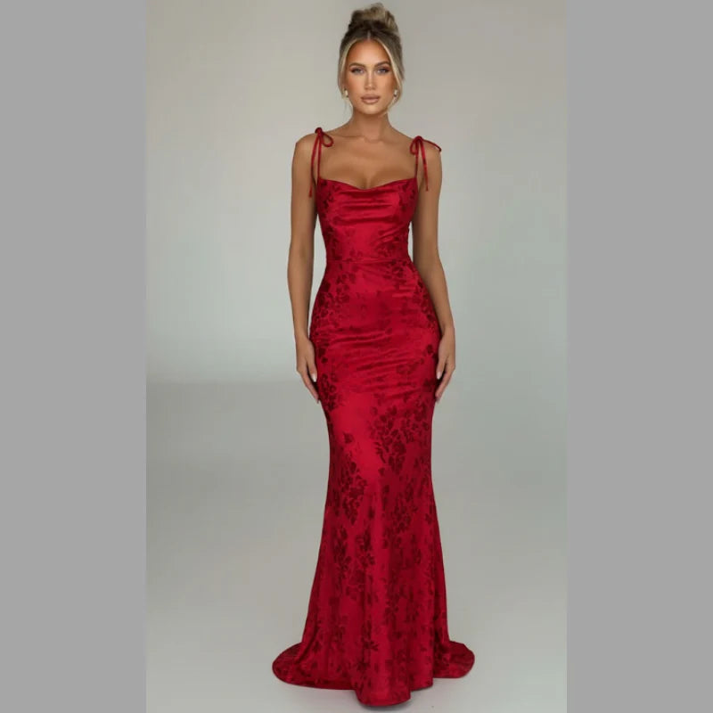 Women’s Graceful Draped Maxi Dress – Sleek Evening Look with Tie Detail