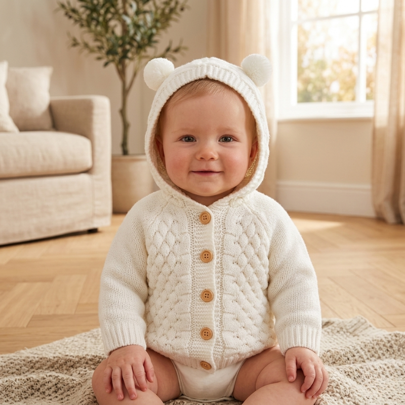 Cozy Newborn Knit Hoodie – Cute Pom Pom Baby Sweater