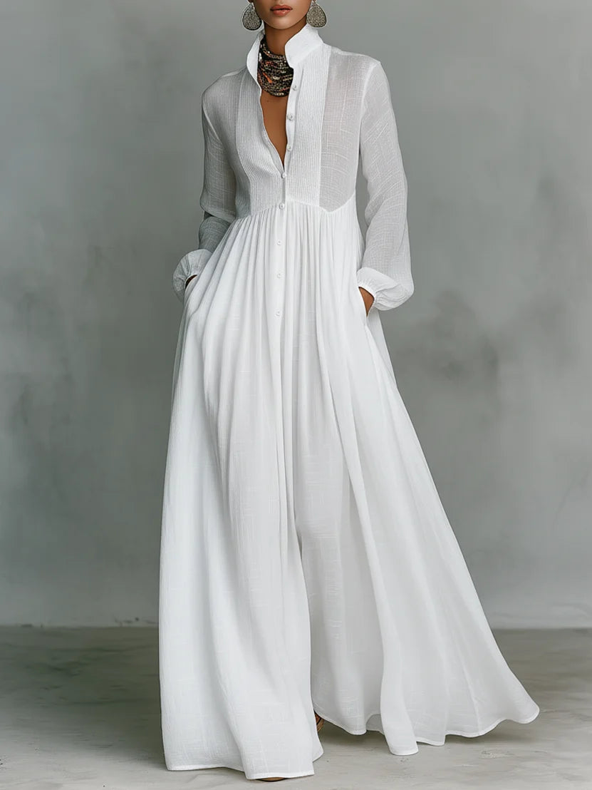 Bernadette | Pleated-Top Long-Sleeve Button-Front Maxi Dress - Elegant White Resort Wear