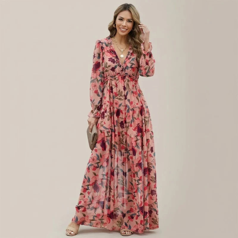 Women's Bohemian Floral Maxi Dress – Elegant Long Sleeve Flowing Cottagecore Style Gown