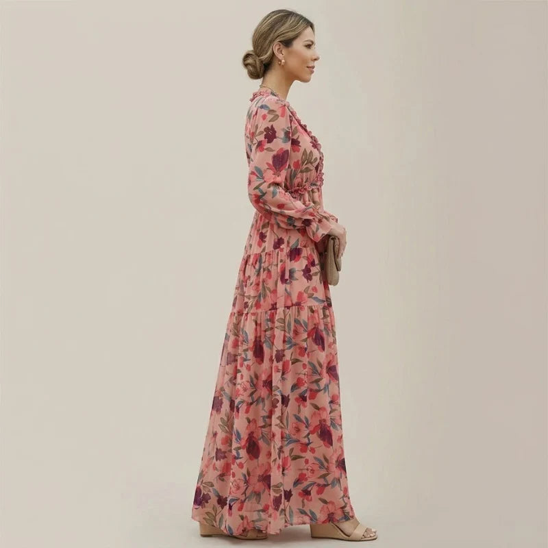 Women's Bohemian Floral Maxi Dress – Elegant Long Sleeve Flowing Cottagecore Style Gown