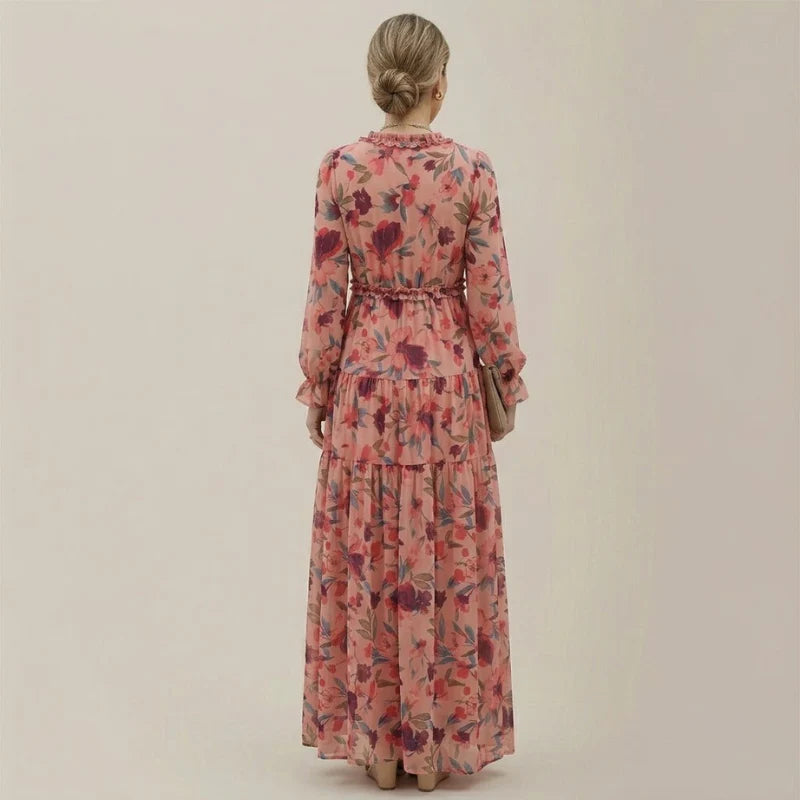 Women's Bohemian Floral Maxi Dress – Elegant Long Sleeve Flowing Cottagecore Style Gown