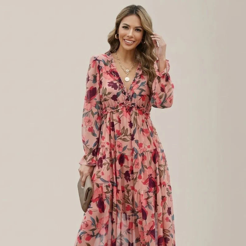 Women's Bohemian Floral Maxi Dress – Elegant Long Sleeve Flowing Cottagecore Style Gown