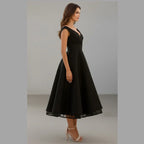 Claire | Modern Party Midi Dress – V-Neck Draped Silhouette Dress