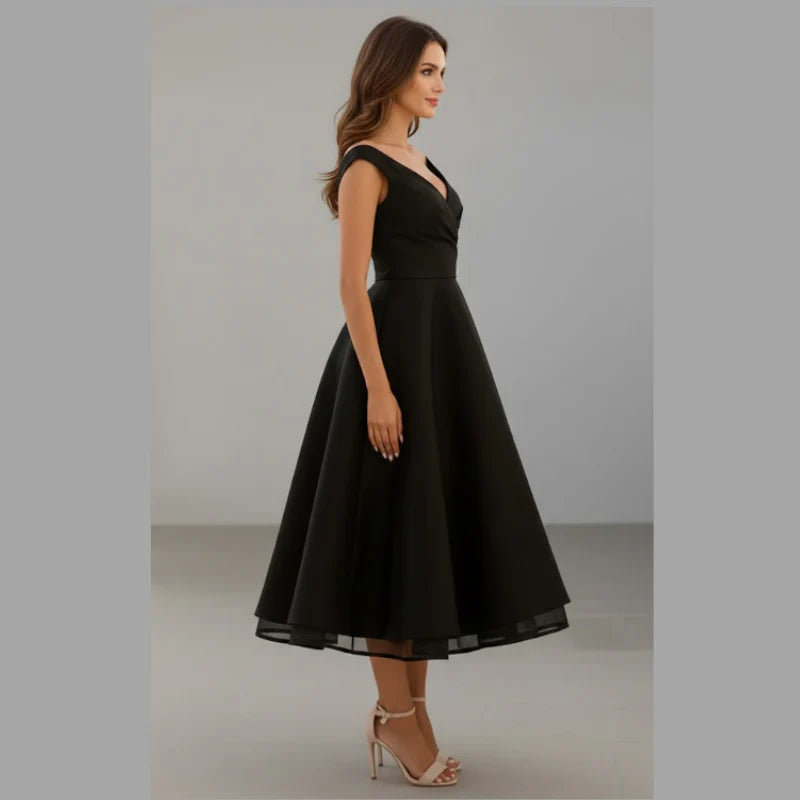 Women's Modern Party Midi Dress – V-Neck Draped Silhouette Dress