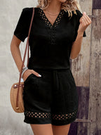 Emma | Lace Crochet Two-Piece Set – Elegant V-Neck Short Sleeve Top with Matching Summer Shorts