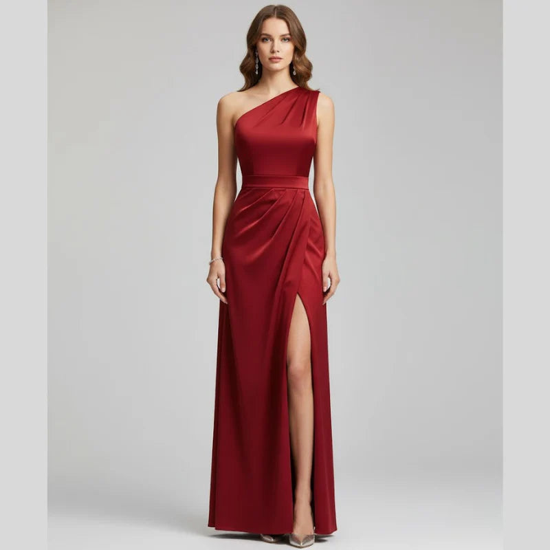 Women’s One-Shoulder Evening Gown – Elegant High-Slit Maxi Dress for Formal Glamour