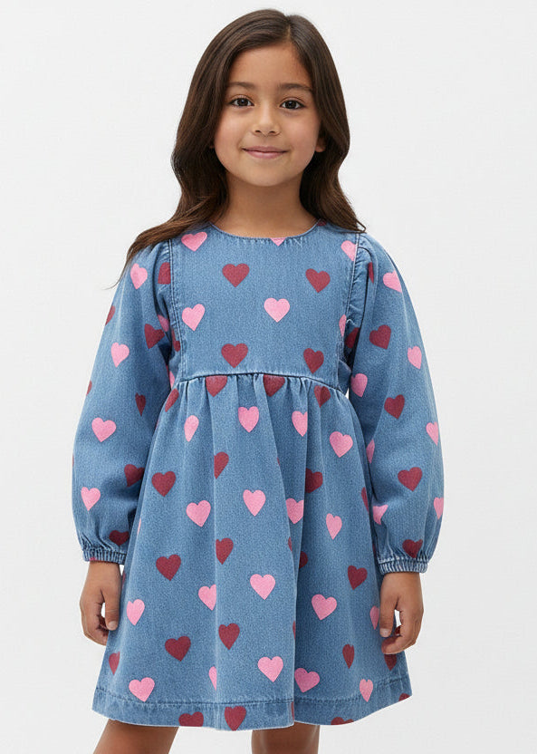 Girls Cute Heart Print Denim Dress – Stylish Casual Jean Dress
