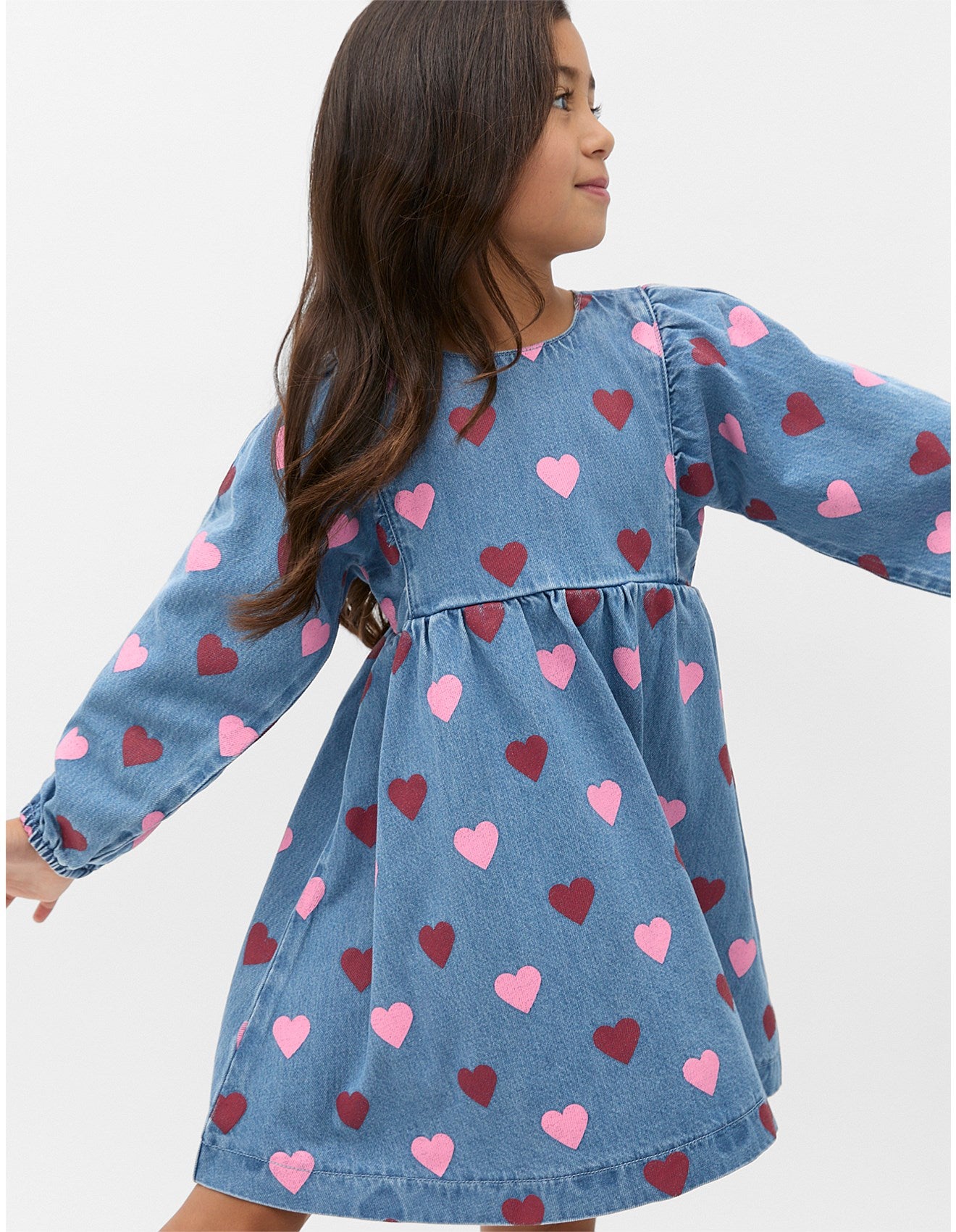 Girls Cute Heart Print Denim Dress – Stylish Casual Jean Dress