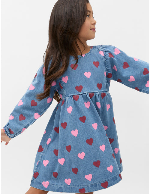 Girls Cute Heart Print Denim Dress – Stylish Casual Jean Dress