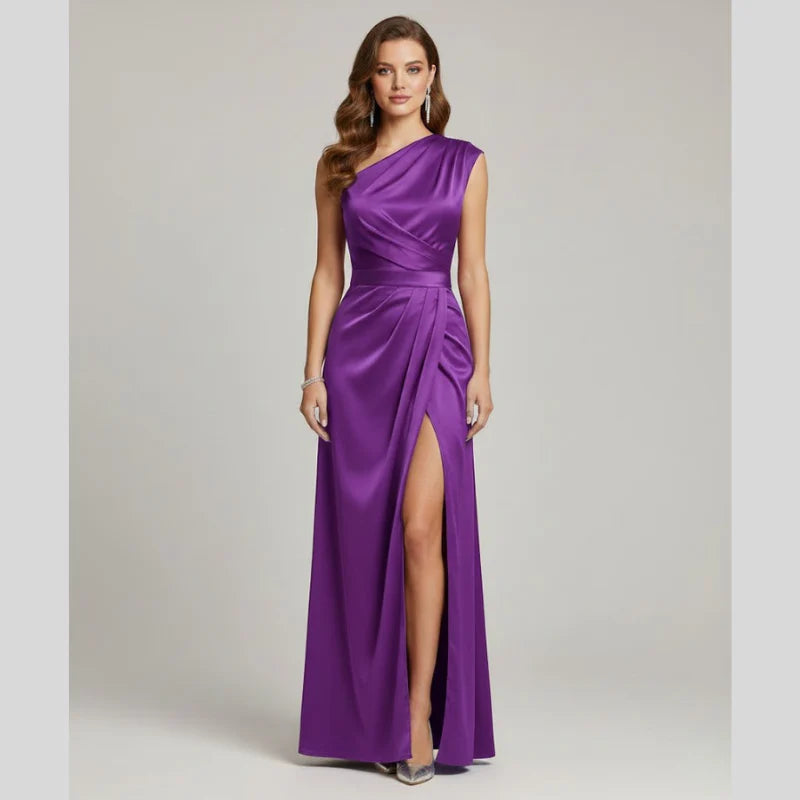 Women’s One-Shoulder Evening Gown – Elegant High-Slit Maxi Dress for Formal Glamour