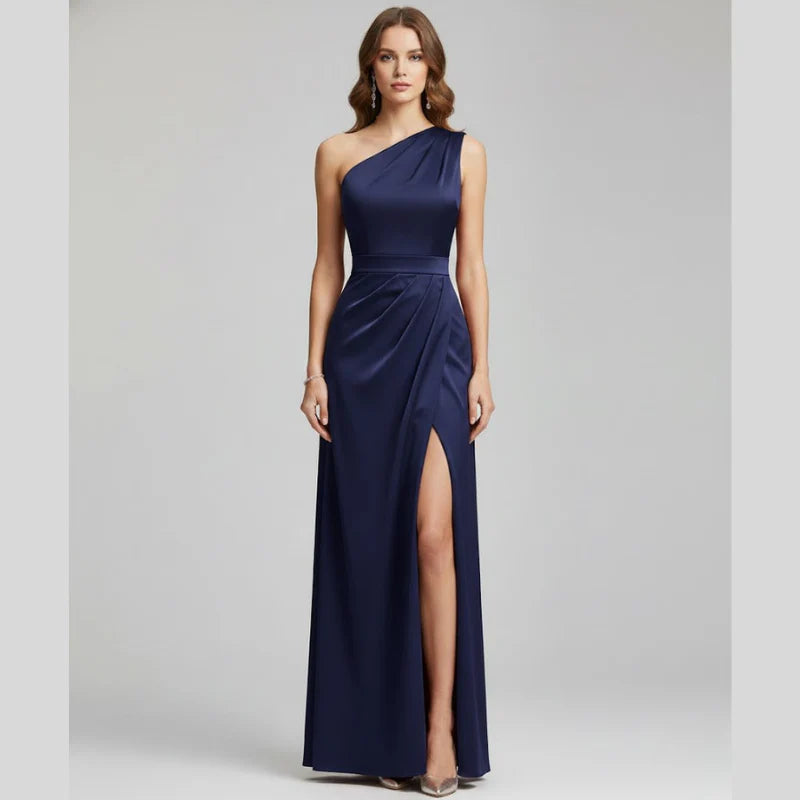 Women’s One-Shoulder Evening Gown – Elegant High-Slit Maxi Dress for Formal Glamour