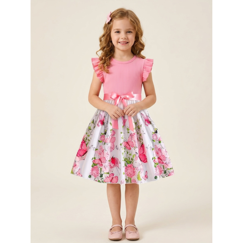 Girls Butterfly Patchwork Party Dress – Puff Sleeve Belted Princess Dress