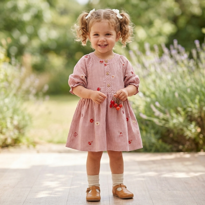 Dusty Rose Checkered Embroidered Midi Dress – Floral Detail Puff Sleeve Summer Dress